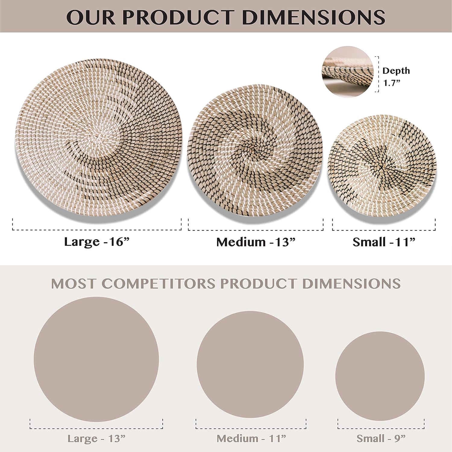 Handmade Hanging Woven Wall Basket Decor Set - 3 Artistic Round Seagrass Baskets for Bedroom, Kitchen, and Living Room - Multi-Purpose, Easy to Hang Natural Boho Basket Wall Decor and Storage Pack of 2