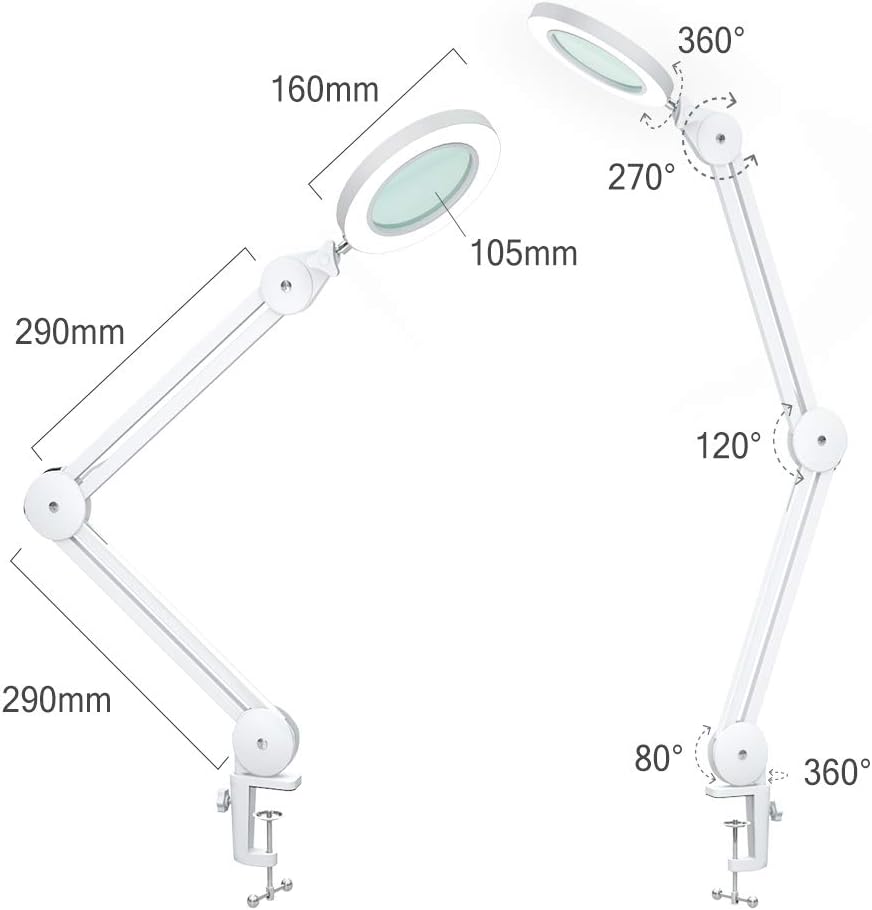Beyamz Magnifying Glass with Light, with 2.25x 4.2'' Magnifier / 3 Color Modes / 10-Level Dimmable LEDs / Hands Free with Metal Swing Arm (White) Pack of 2