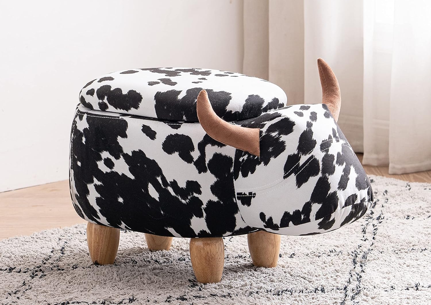 Home 2 Office Cow Childrens Size Animal Storage Ottoman Furniture for Bedroom, White/Back