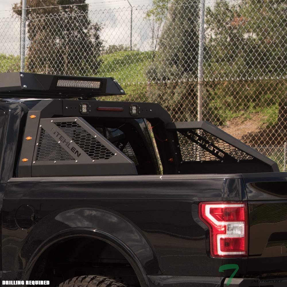 TLAPS 7422438487414 Universal For Pickup Truck Matte Black Adjustable Chase Rack with 3rd Third Brake Light & 2x LED Work Lamps Bars & 6x Amber Side Marker