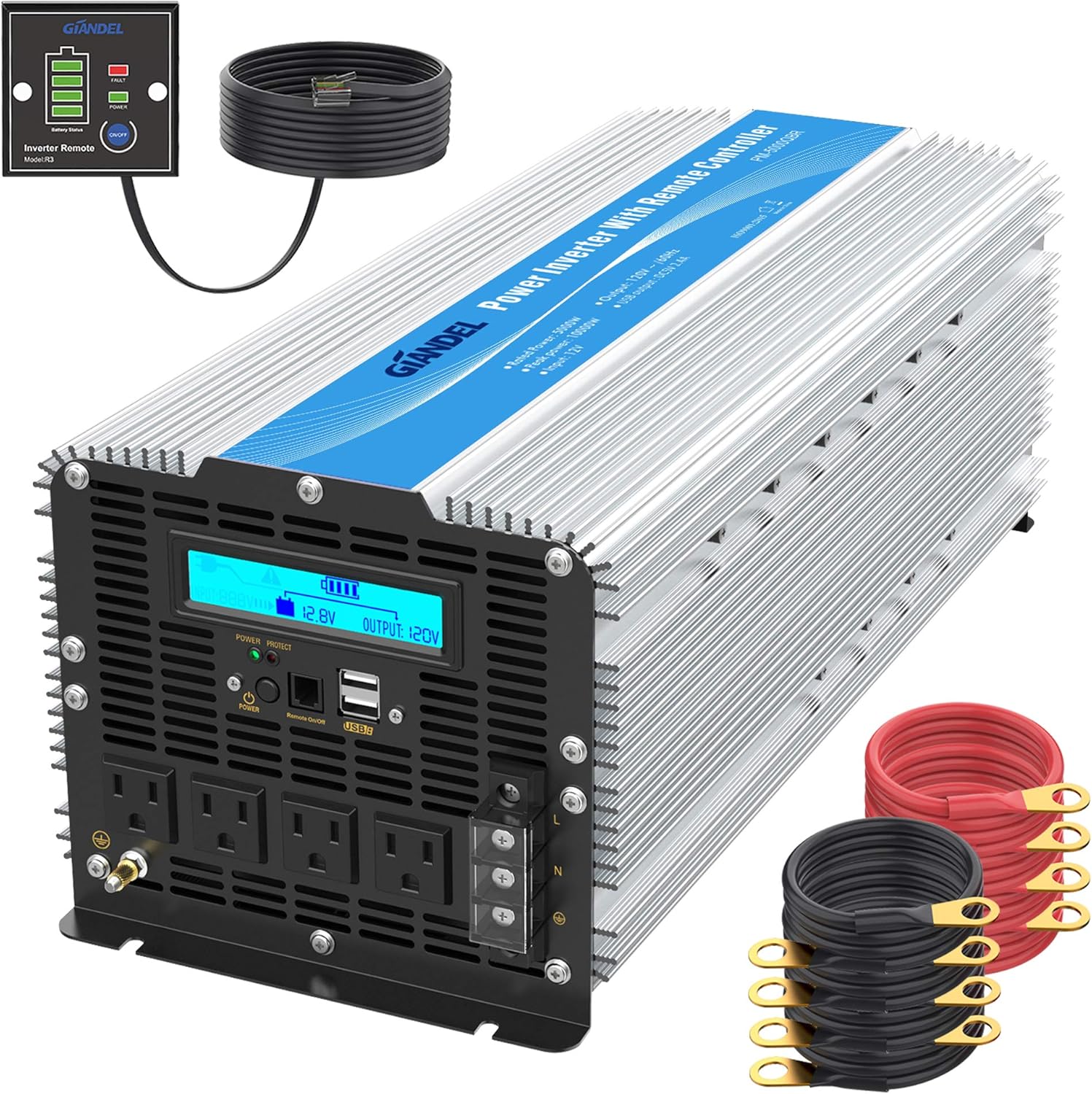 5000Watt Heavy Duty Modified Sine Wave Power Inverter DC 12volt to AC 120volt with LCD Display 4 AC Sockets Dual USB Ports & Remote Control for Truck RV and Emergency