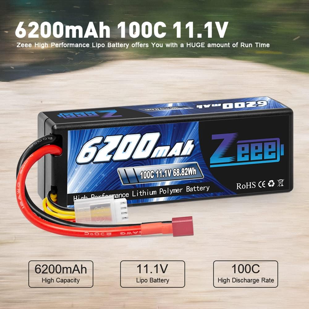 Zeee 3S Lipo Battery 6200mAh 11.1V 100C Hard Case RC Battery with Deans T Connector for 1/8 1/10 Scale Vehicles RC Car Tank Trucks Boats(2 Pack)