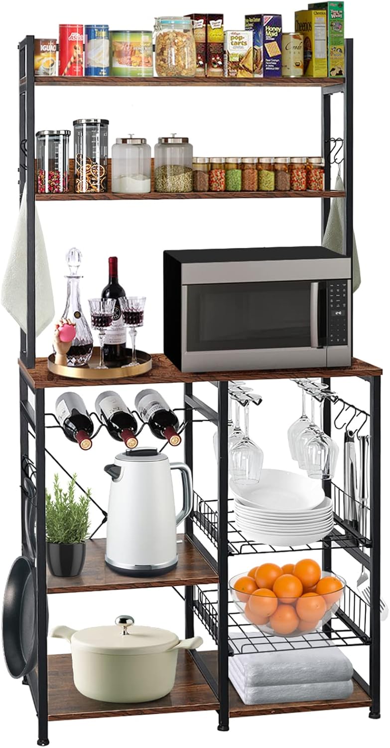 Kitchen Baker's Rack Microwave Oven Stand with Storage,5-Tier Kitchen Shelves with 2 Slide-Out Wire Basket and 10 Hooks,Kitchen Hutch Storage Shelf Organizer Workstation,Brown