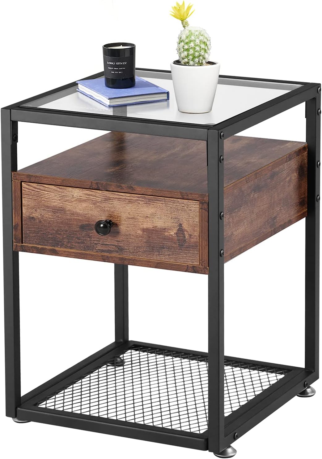 VECELO Nightstand, Tempered Glass End Table, Cabinet with Drawer and Rustic Shelf Decoration in Living Room,Bedroom,Lounge, Brown+Black