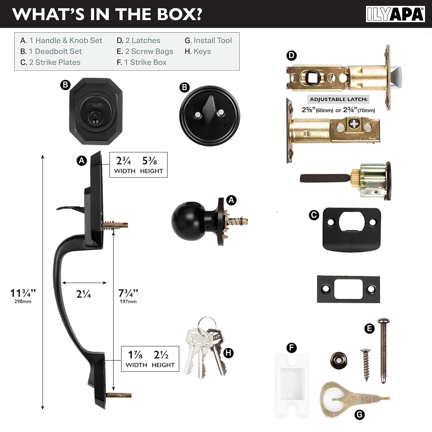 Ilyapa Front Entry Door Exterior Handleset - Heritage, Matte Black Low Profile Door Lock Set Handle with Single Cylinder Deadbolt and Halifax Lever, Matte Black