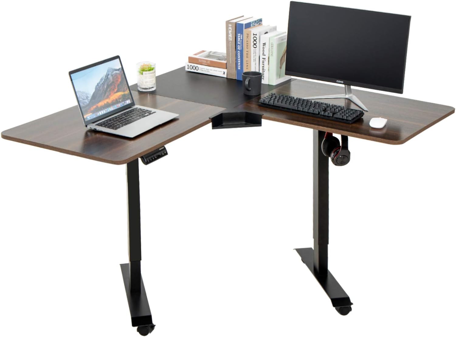 ELECWISH L Shaped Desk Electric Height Adjustable Corner Computer Desk Space-Saving Long Table with Pen Case and EO Material Plate for Home Office Large Gaming Writing Workstation（Black+Rustic Brown