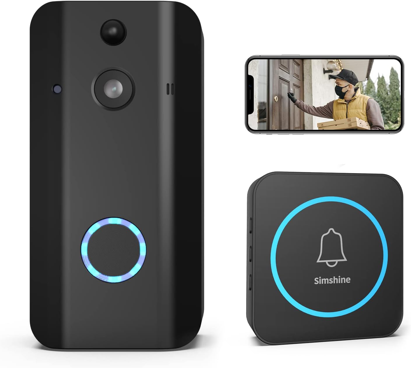 Simshine Video Doorbell Camera, Wireless WiFi Doorbell Camera with Chime, 1080P Rechargeable Battery Powered Home Security Doorbell Camera with 2-Way Audio, Motion Detection, Night Vision, SD/Cloud Pack of 2