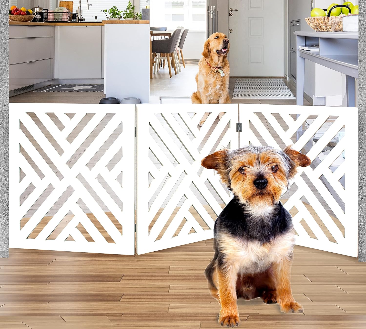 Bundaloo Freestanding Dog Gate Expandable Decorative Wooden Fence for Small to Medium Pet Dogs, Barrier for Stairs, Doorways, & Hallways Pack of 2