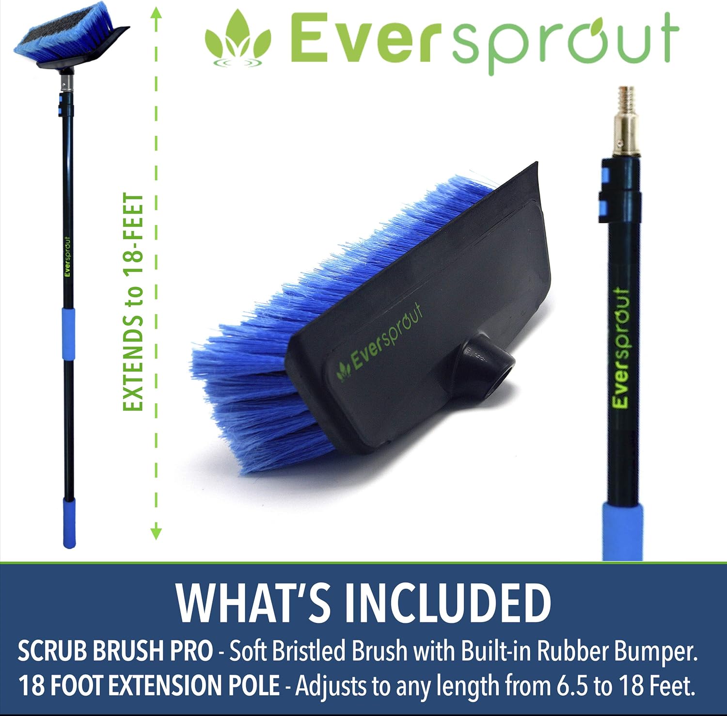 EVERSPROUT 7-to-19 Foot Scrub Brush (25+ Ft. Reach) | Long Lightweight Extension Handle | Soft Bristles wash Car, RV, Boat, Solar Panel, Floor, Deck | Rubber Bumper and Squeegee Prevents Scratches