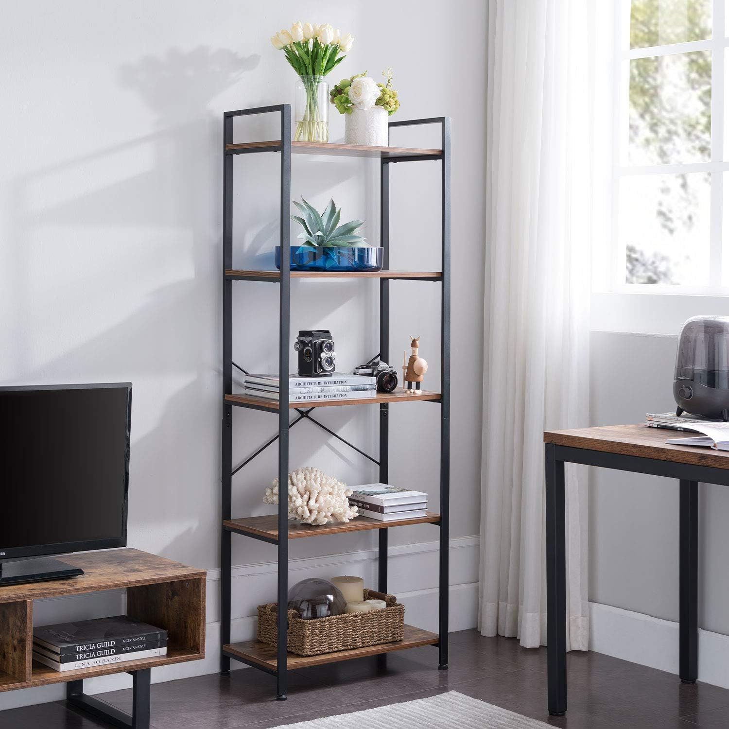 VINEXT Small Bookcase,5-Tier Bookshelf Storage Rack Shelf Unit for Living Room Bedroom Office Kitchen, Industrial Book Shelves Vintage Wood and Metal Bookshelves, Retro Brown