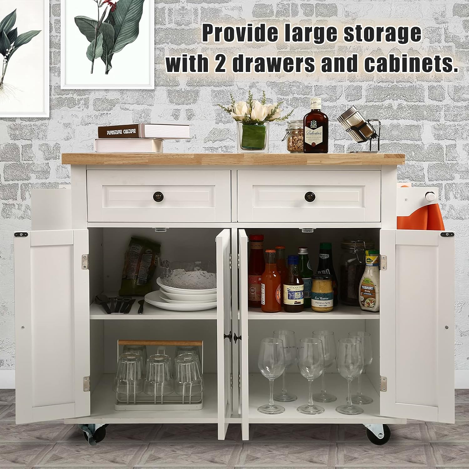 NSdirect Kitchen Island Cart,Kitchen Bar&Serving Cart Rolling on Wheels with Spice Rack Towel Holder Utility Storage Trolley with Storage Drawers for Home Hotel Kitchen Dinning Room