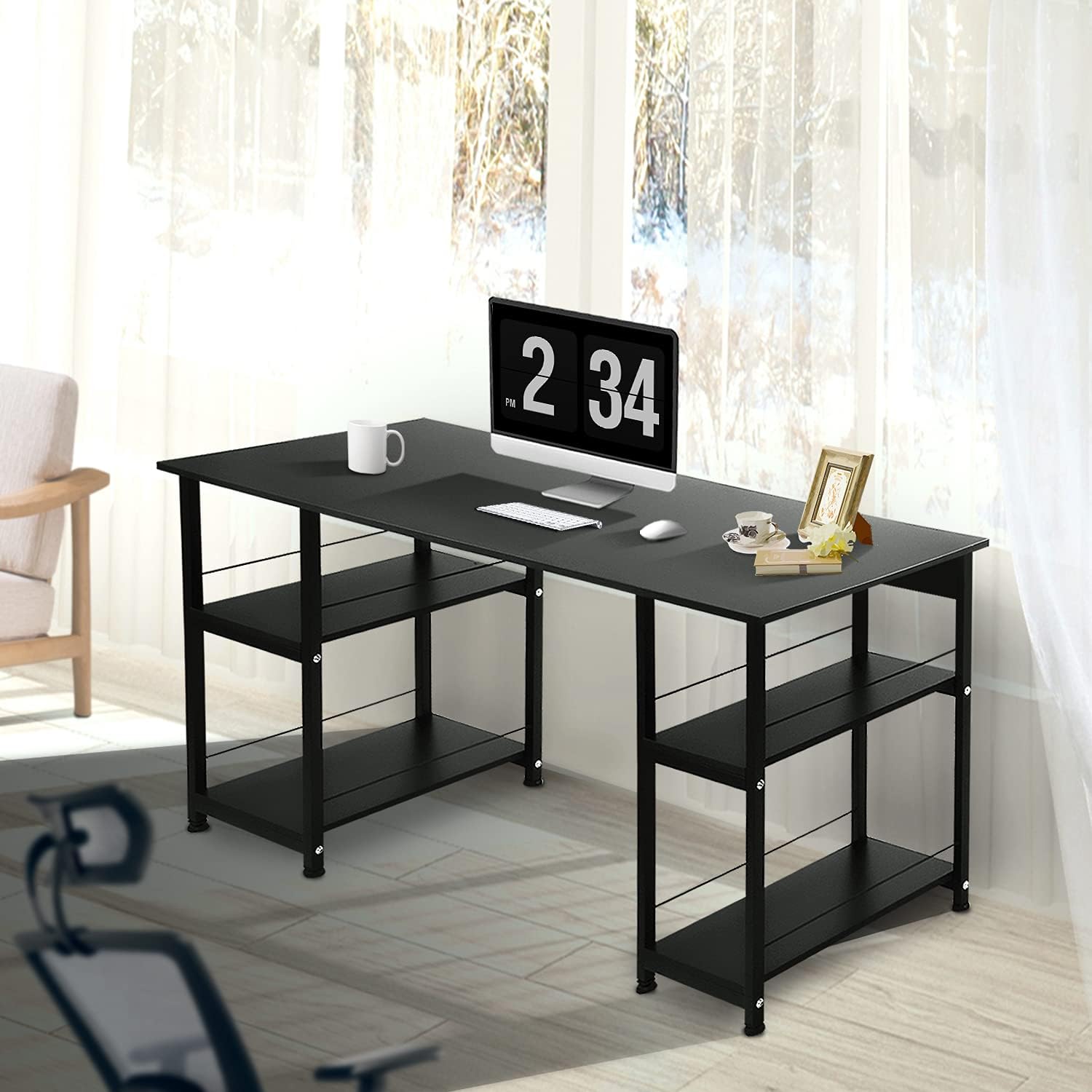 Jerry & Maggie - Computer Desk Home Office Desk One Side 2 Tiers Shelves Sturdy Surface Laptop Desk Professional Modern Plain Personal Workstation Rectangle Metal Legs - Rustic Dark Brown