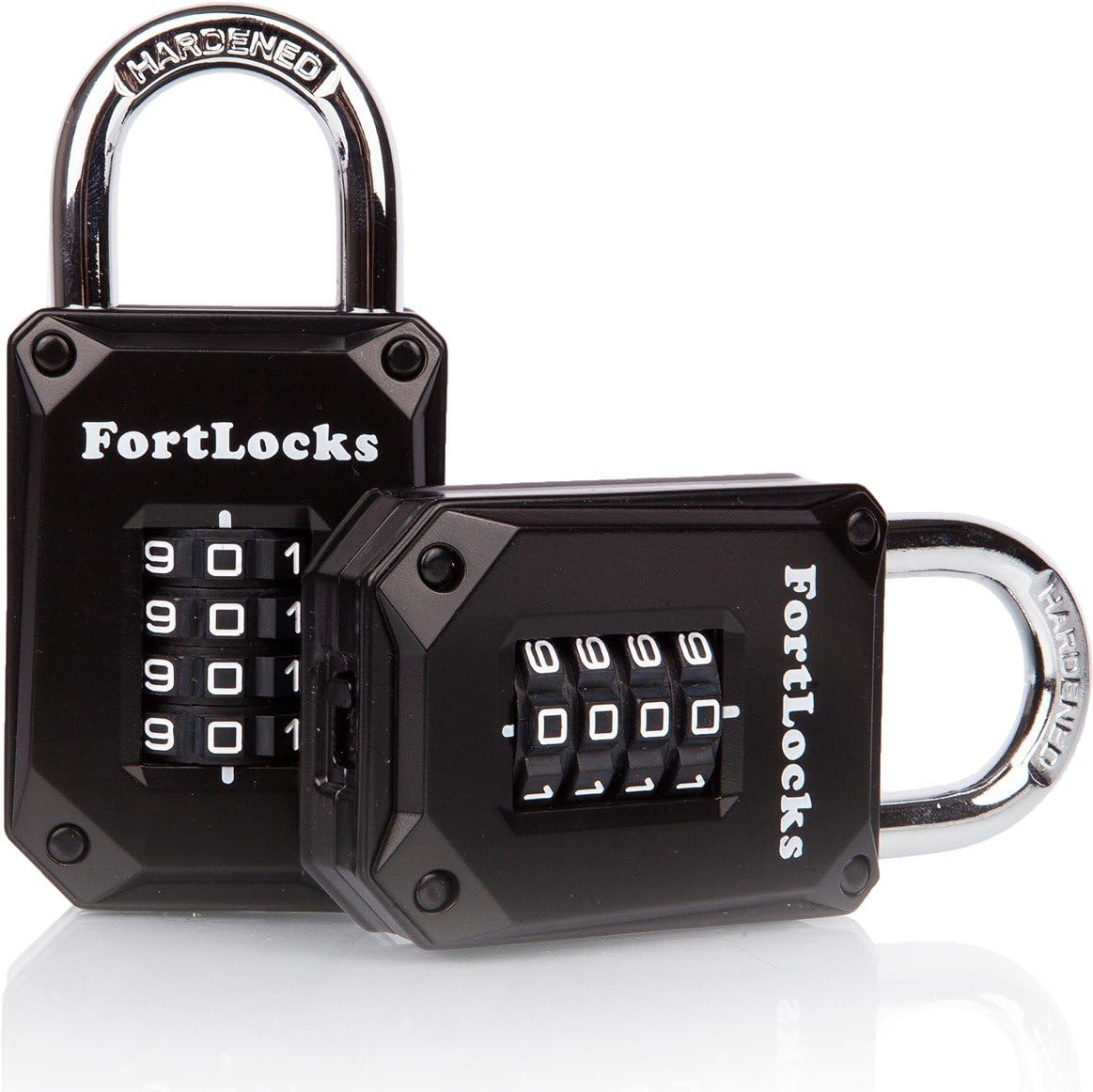 2 Pack FortLocks Gym Locker Lock - 4 Digit, Heavy Duty, Hardened Stainless Steel, Weatherproof and Outdoor Combination Padlock - Easy to Read Numbers - Resettable and Cut Proof Combo Code - Black