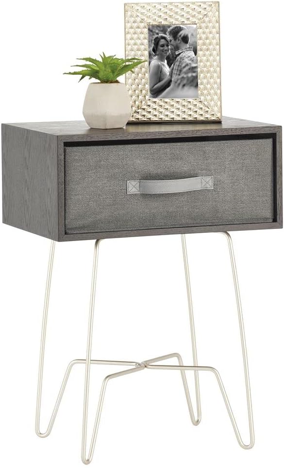 mDesign Modern Industrial Side Table with Fabric Drawer - 2-Tier Metal and Wood End Table - Minimal Mid Century Design - Accent Furniture for Living Room, Bedroom, Office, and Dorm Room - Black/Gray