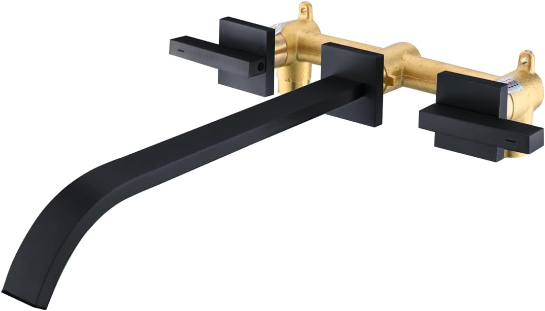 Wall Mount Tub Faucet Matte Black Bathroom Tub Filler High Flow 2 Handles Bath Filler Faucet Solid Brass Bathroom Basin Faucet with Long Reach Spout,BY01-TB