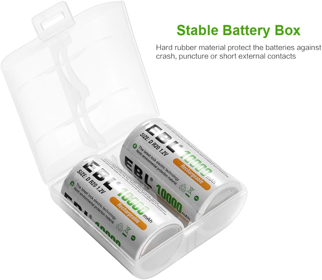 EBL Pack of 8 10000mAh Ni-MH D Cells Rechargeable Batteries, Battery Case Included