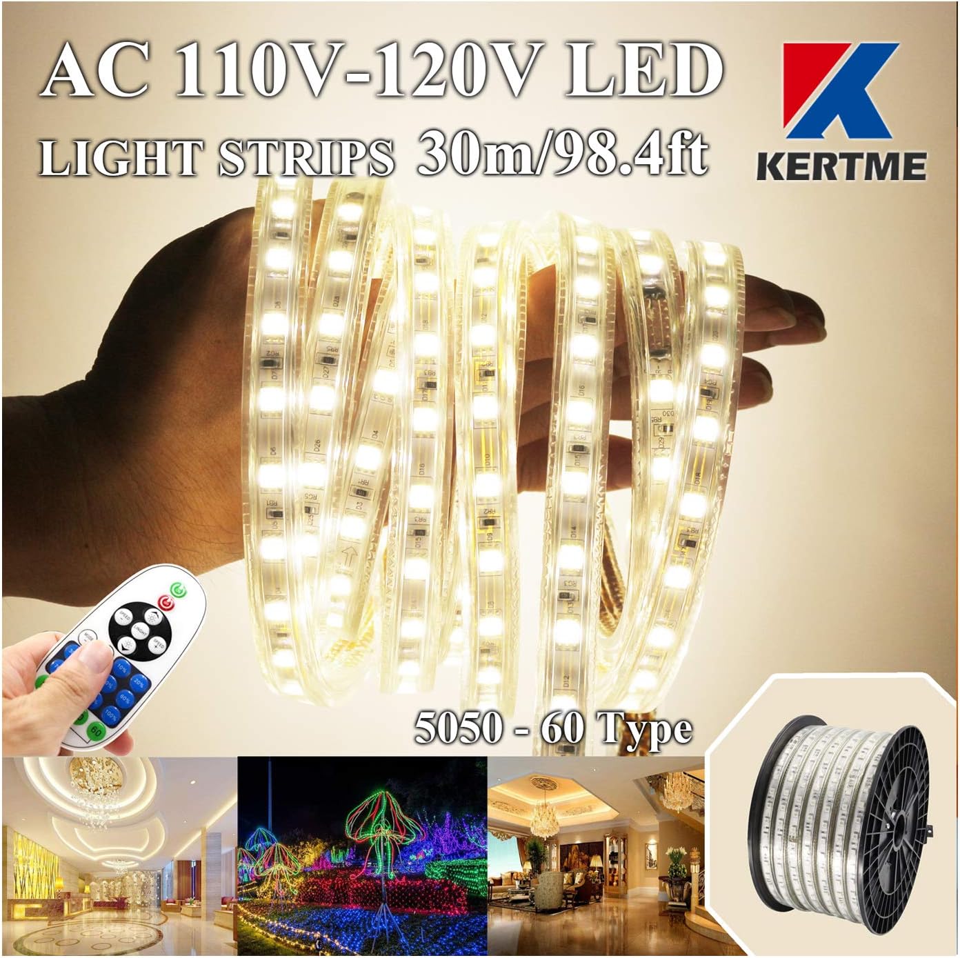 KERTME 5050-60 Type AC 110-120V RGB LED Strip Lights, Flexible/Waterproof/Dimmable/Multi-Colors/Multi-Modes LED Rope Light + 24 Keys Remote for Home/Garden/Building Decoration (65.6ft/20m, RGB)