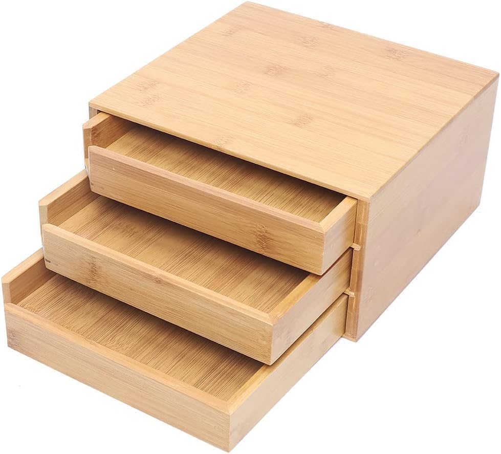 Three Layer Bamboo Box for Tea Storage Box Cake Tea Drawer Bamboo Storage Box Tea Chest | Beautiful Wooden Kitchen Organizer 9.84 * 9.44 * 7.87inch Pack of 2