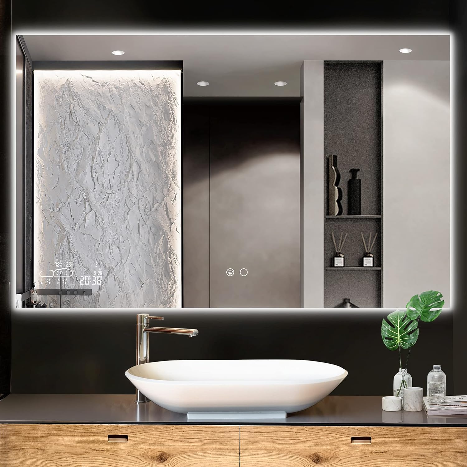 Keonjinn 48x30 Inch LED Backlit Bathroom Mirror, Smart WiFi Anti-Fog Dimmable Wall Mounted Vanity Mirror with Weather, Time, Temperature and Humidity Display
