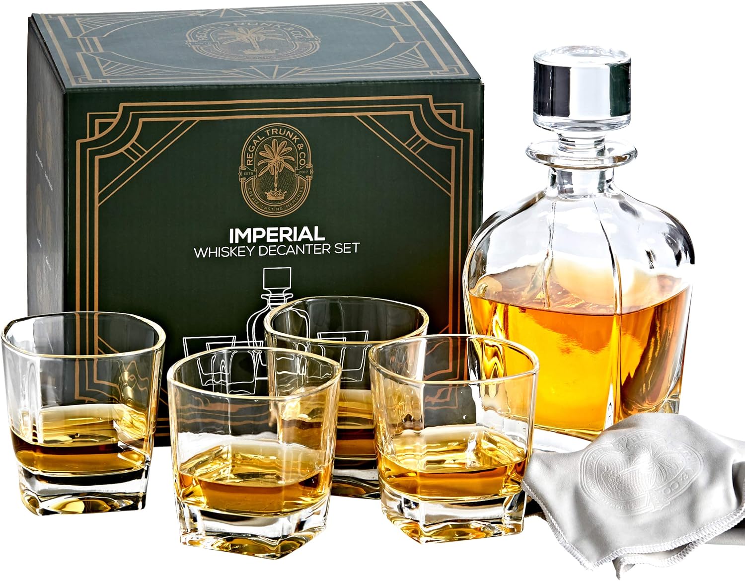 Regal Trunk & Co. Whiskey Decanter Sets | 4 Imperial Tumblers Whisky Decanter & Glass Set | Crystal Decanter Set Bourbon and Scotch | Comes In Gift Box and with Glass Polishing Cloth Pack of 2
