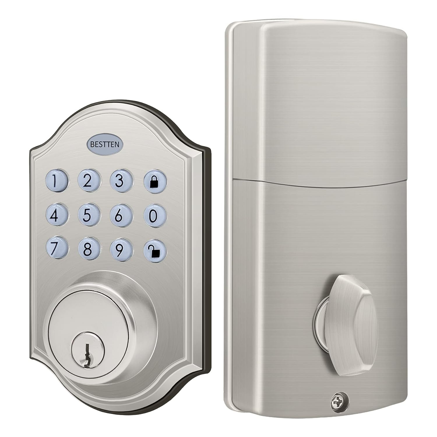 BESTTEN Classic Keyless Entry Door Lock, Electronic Keypad Deadbolt Lock, Motorized Locking, 50 User Codes and One-Time Code, High Security, Easy Installation, Satin Nickel Finish Pack of 2