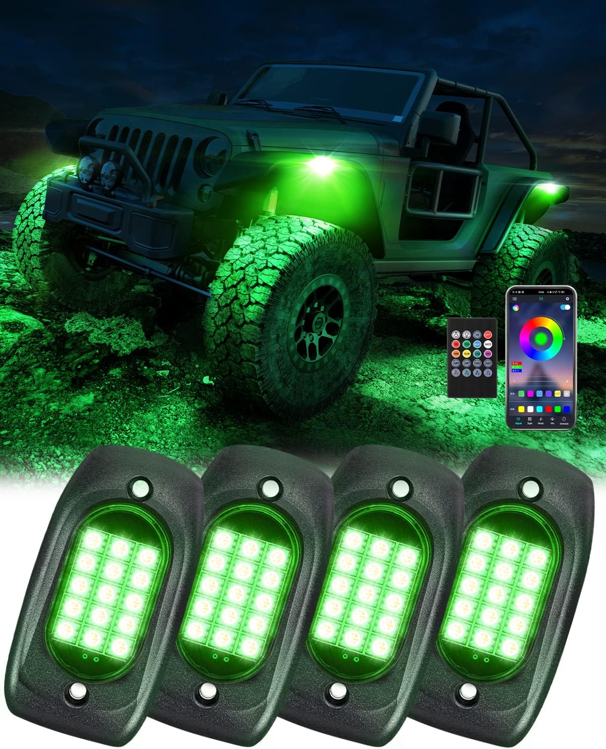 RGB LED Rock Lights Kit, QMPARTS Super Bright Multicolor Underglow Neon Light with APP Remote Music Timing Mode Wheel Light Exterior Accessories Compatible with Wrangler JK JL & Gladiator- 4 Pods