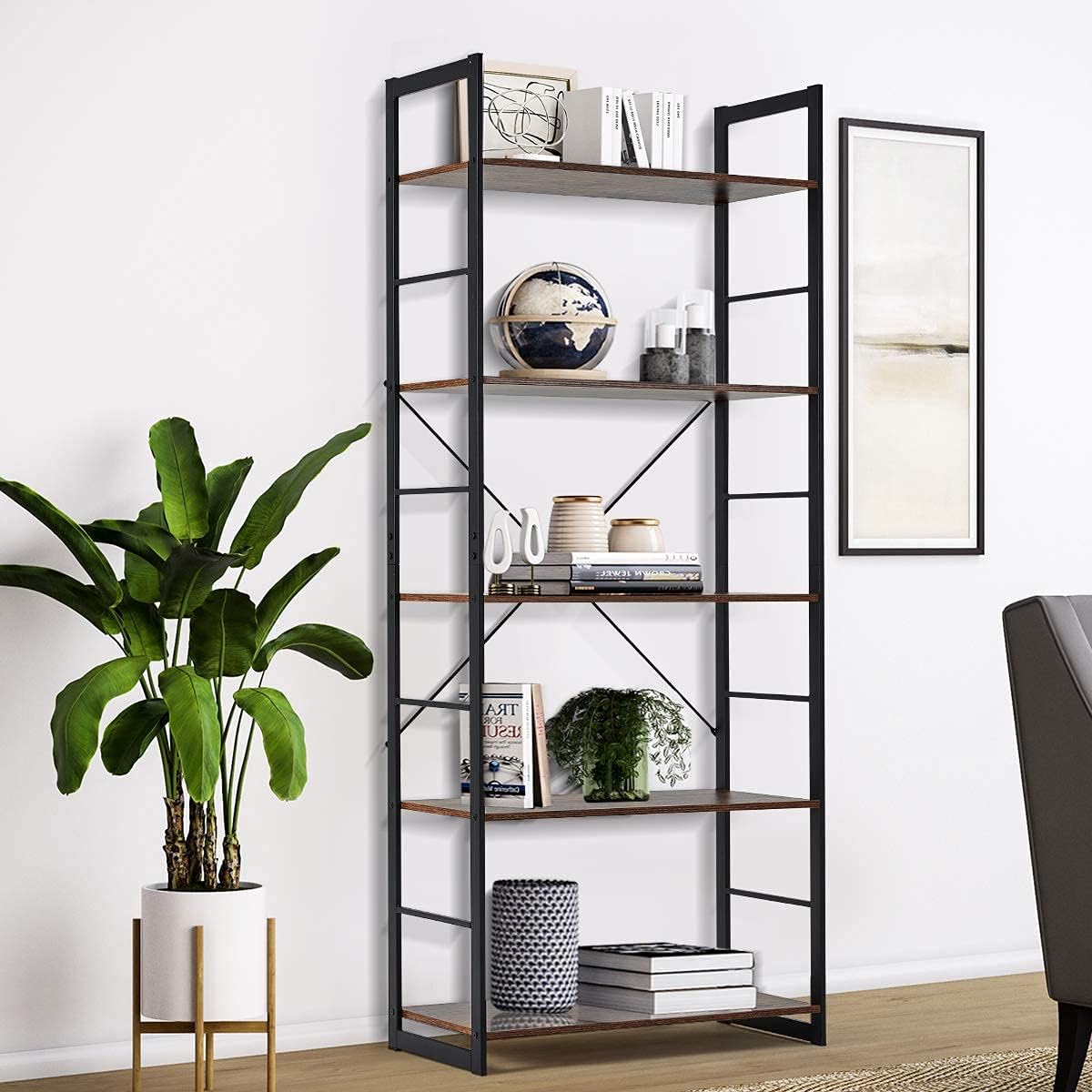 EROMMY Bookshelf Rack 5 Tier Vintage Industrial Bookcase Shelf Storage Organizer Rustic Wood and Metal Frame Furniture Open Back Modern Office Bookcases Home Office