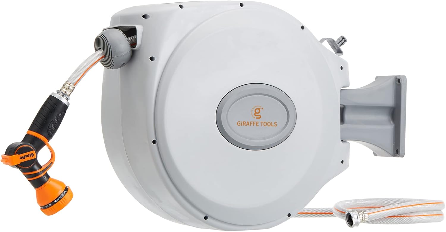 Giraffe Retractable Garden Hose Reel 5/8 in. x 61+4 ft, Wall Mounted Water Hose Reel, Automatic Rewind with Any Length Lock, Slow Return, 9 Pattern Hose Nozzle, 180° Swivel Bracket