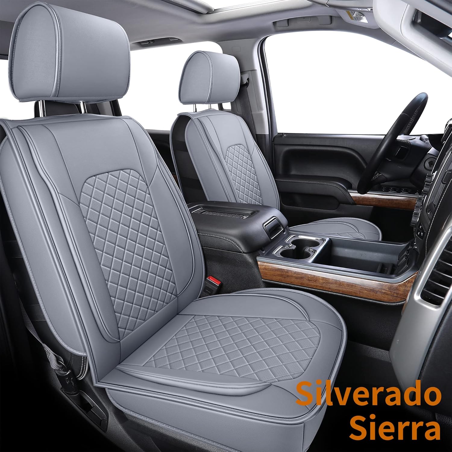 LUCKYMAN CLUB R04-HS4 Seat Covers, Fit for 2007-2021 Chevy Silverado GMC Sierra 1500/2500HD/3500HD Crew/Double/Extended Cab Water Proof Faux Leather with Center Console Cover(Front Set/Black 2pcs)