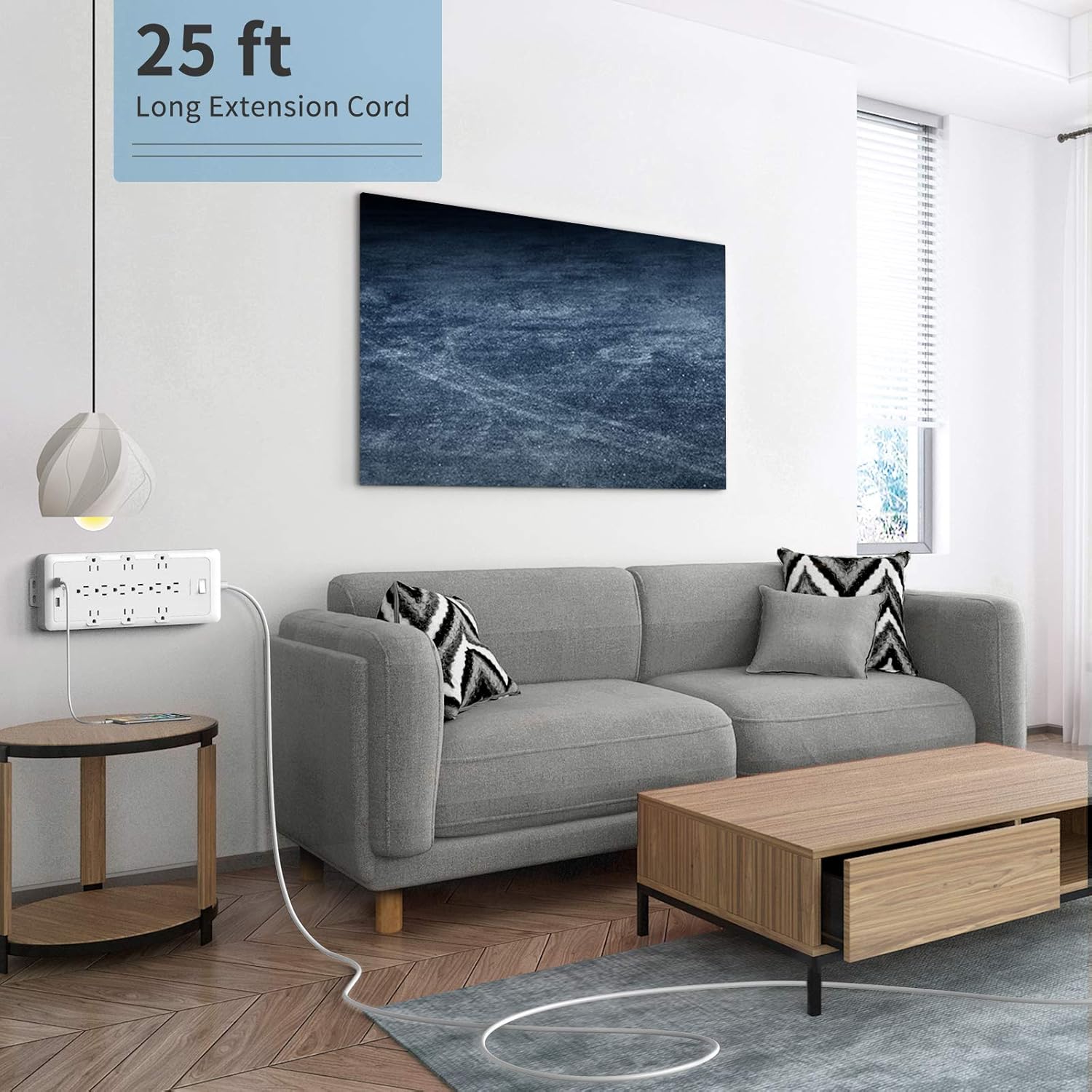 25 FT Extension Long Cord Surge Protector 4000 Joules, NTONPOWER 12 Outlets Power Strip Flat Plug with 2 USB, 6 Widely Outlets, 15A Circuit Breaker, Wall Mount Charging Station for Home Office, White Pack of 2