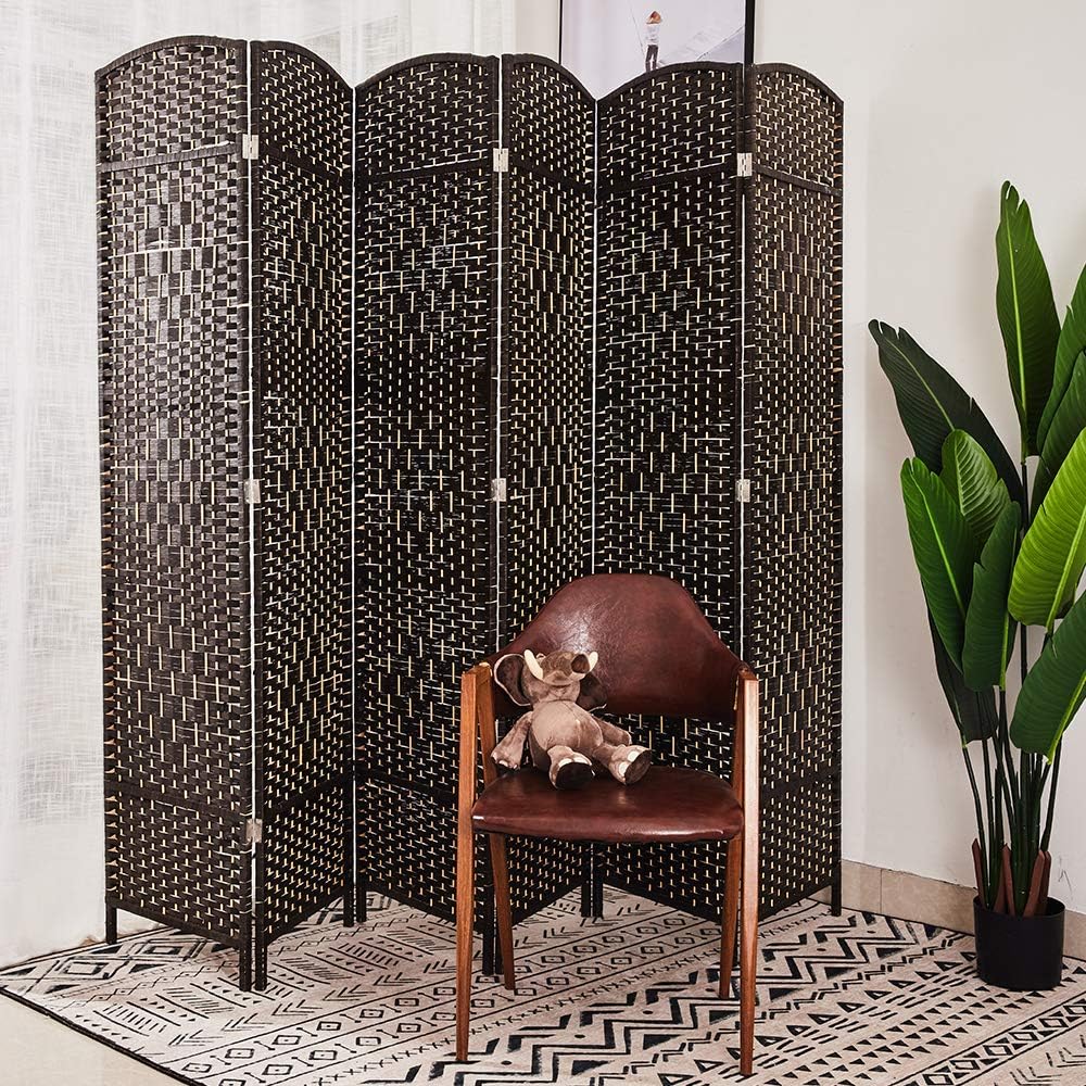 COCOSICA Weave Fiber Room Divider, Natural Fiber Folding Privacy Screen with Stainless Steel Hinge & 6 Panel Room Screen Divider Separator for Decorating Bedding, Dining, Study and Sitting Room