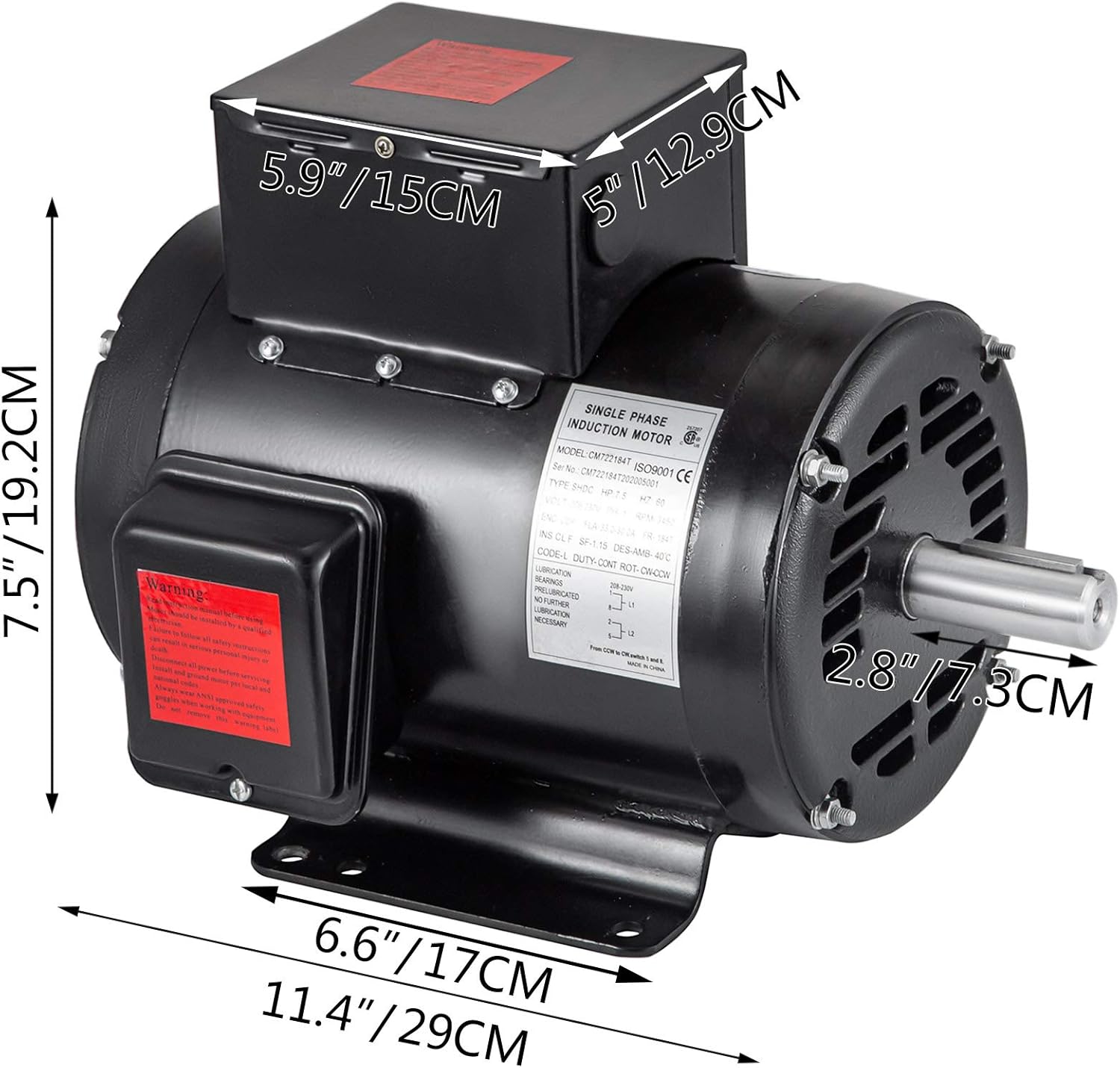 VEVOR Air Compressor Motor, 7.5 HP, Nameplate RPM 3450 Capacitor-Start/Run, Voltage 230V AC Air Compressor AC Motors