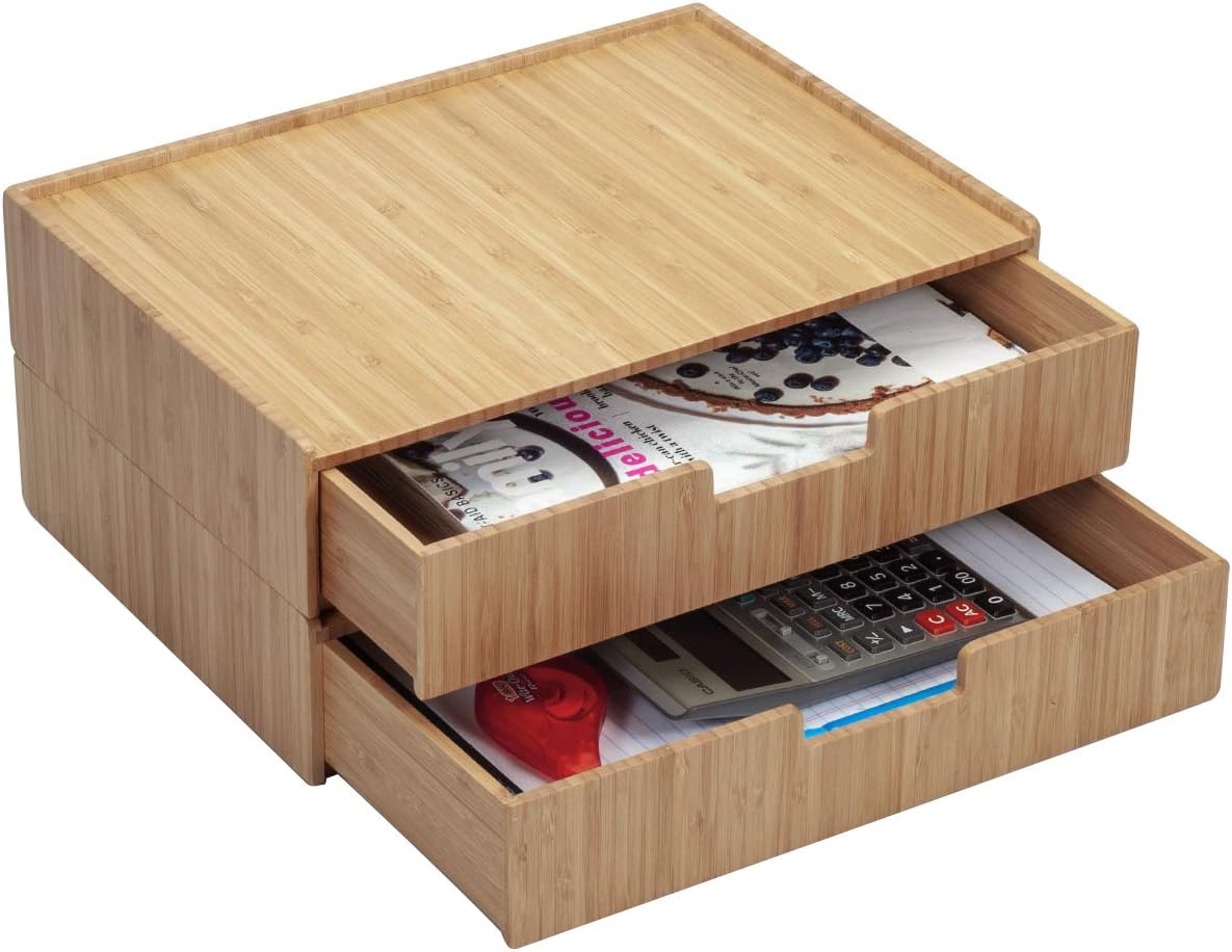 Large Bamboo Drawer 2 PK, Monitor Stand & Stackable Storage Solution for office products pens, pencils, scissors, notepads, business cards and more Pack of 2