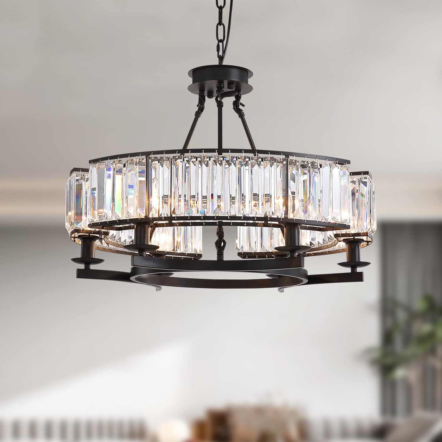 NOXARTE Round Crystal Chandelier Black Ceiling Pendant Light Fixture for Living Dining Room Farmhouse