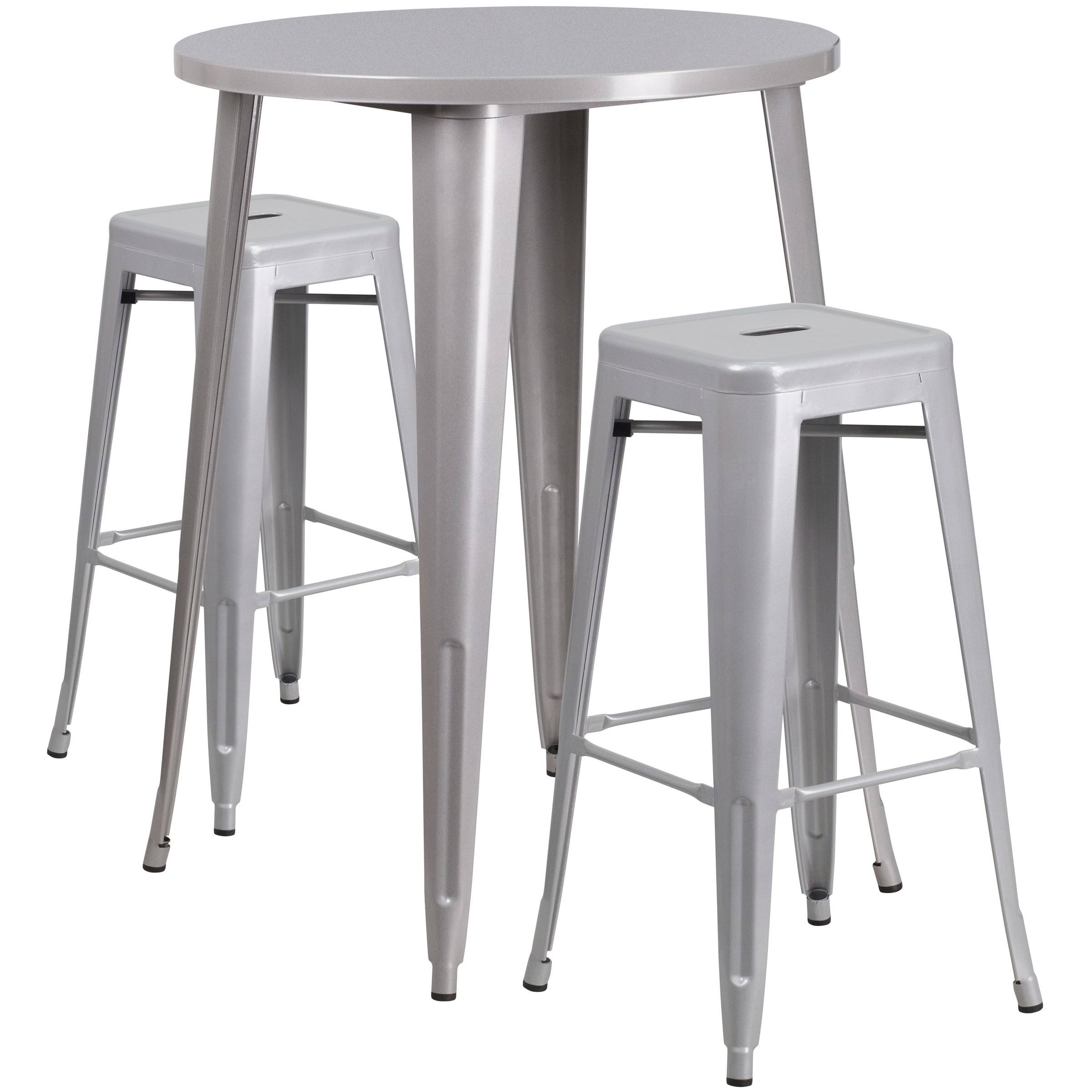Round Silver Metal Indoor-Outdoor Bar Table Set with 2 Square Seat Backless Stools