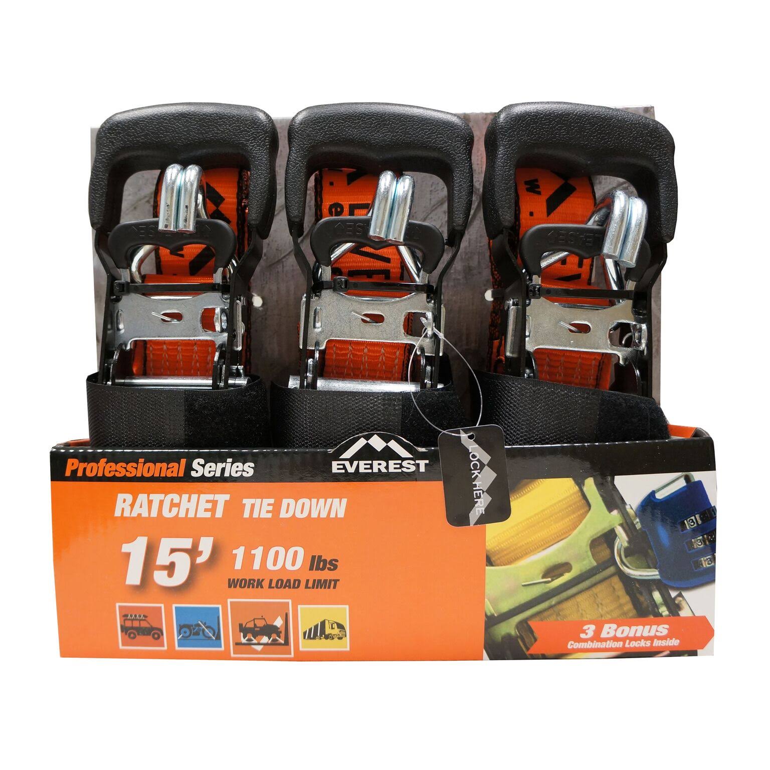 Everest 3 Pack of 1.5x22 x 15& Locking Handle Ratchet Tie Down Straps / Anti-Theft Straps