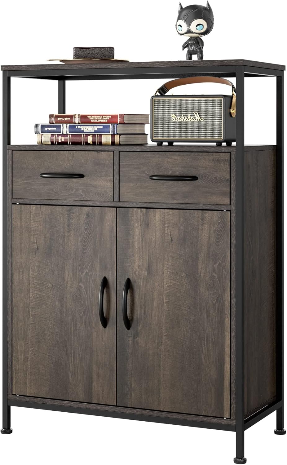 Industrial Storage Cabinet, Floor Cabinet with Fabric Drawers, Office Cabinet with Doors and Shelves, Accent Cabinet for Entryway, Living Room, Bedroom, Dark Brown