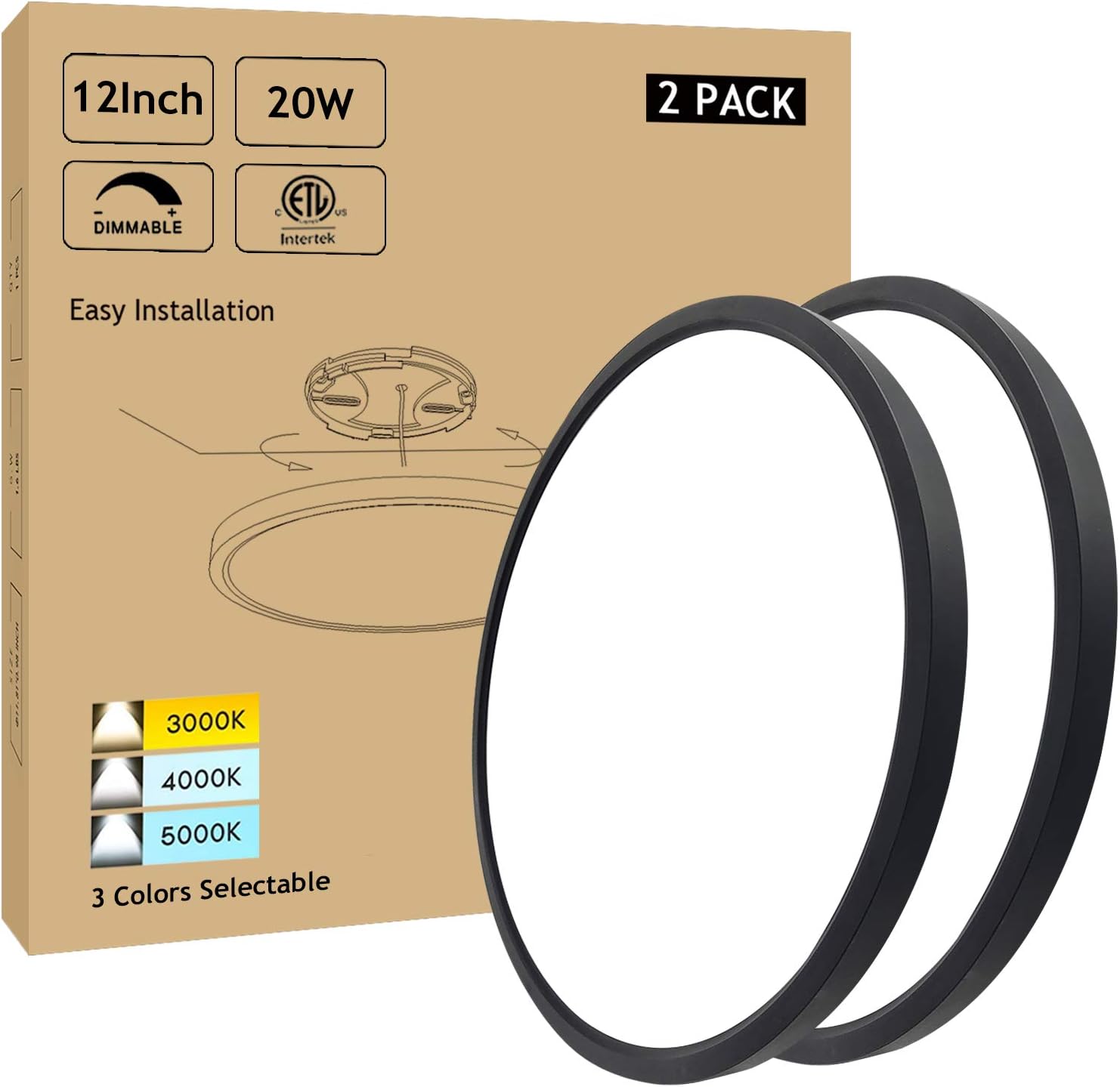 12 Inch Dimmable LED Ceiling Light Flush Mount, 20W 3000K-4000K-5000K 3 Color Selectable, Low Profile, Ultra Thin, White, 120V, ETL & FCC Listed, 4 Pack