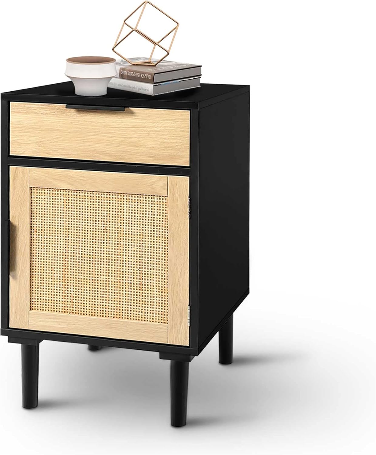 OKL Tall Nightstand with Drawer and Shelf, End Table, Rattan Side Table with Made Rattan Decorated Doors,Solid Wood Accent Bedside Table with Storage for Living Room, Bedroom (Black)