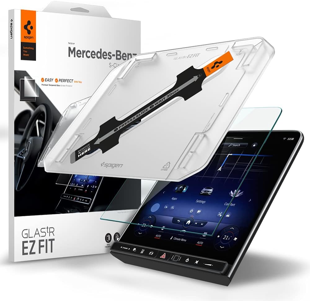 Spigen Tempered Glass Screen Protector [GlasTR EZ FIT] Designed for 2022/2021 Mercedes Benz S-Class Dashboard Touchscreen - Crystal Clear Pack of 2