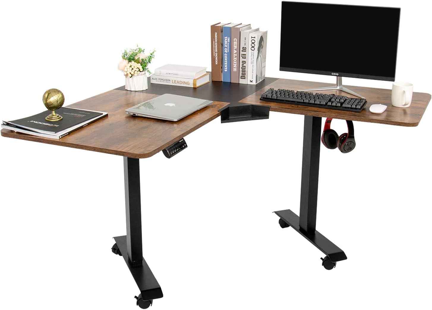 ELECWISH L Shaped Desk Electric Height Adjustable Corner Computer Desk Space-Saving Long Table with Pen Case and EO Material Plate for Home Office Large Gaming Writing Workstation（Black+Rustic Brown