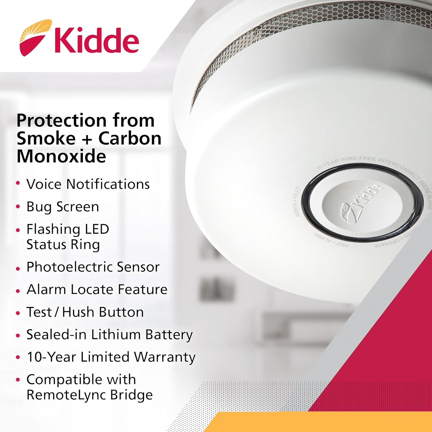 Kidde Smoke & Carbon Monoxide Detector, Hardwired with Lithium Battery Backup, Interconnect Combination Smoke & CO Alarm with Voice Alert Pack of 2