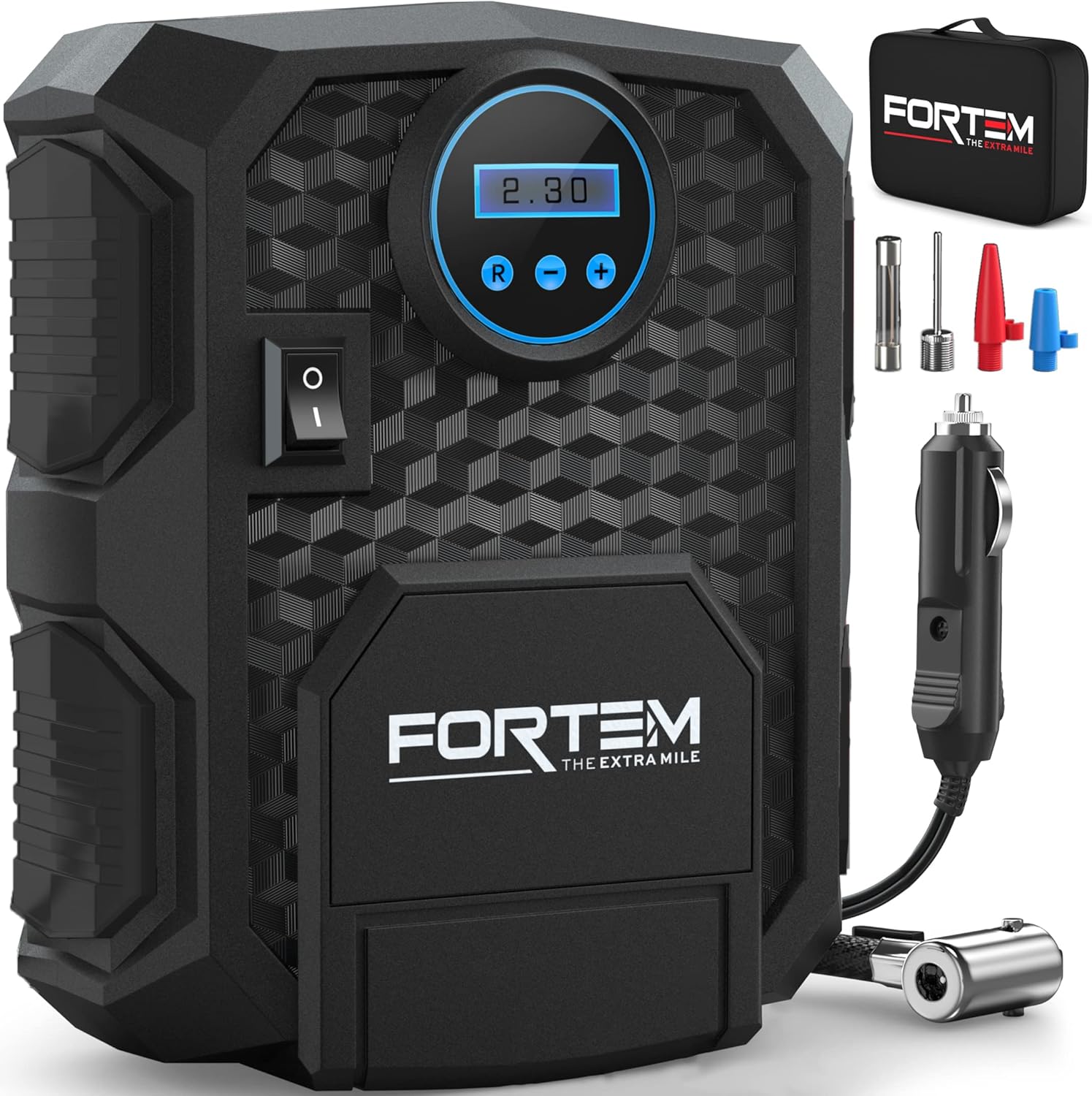 FORTEM Tire Inflator Portable Air Compressor, Bike Tire Pump, 12V Electric Air Pump for Car Tires and Bicycles w/LED Light, Digital Tire Pressure Gauge w/Auto Pump/Shut Off, Carrying Case (Red) Pack of 2