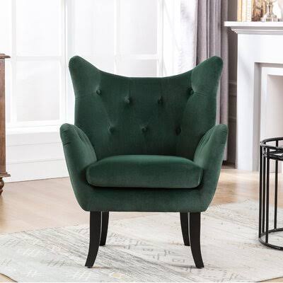 Velvet Wingback Accent Chair Armchair Modern Tufted Button Vanity Chair with Wooden Legs for Living Room Bedroom,Green Rosdorf P