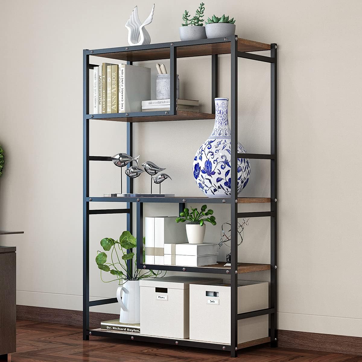 Bookshelf Bookcase, Vintage Industrial Book Shelf Multifunctional Standing Display Rack Storage Organizer with Metal Frame Rustic Wood Storage Shelves for Home Living Room Bedroom and Office