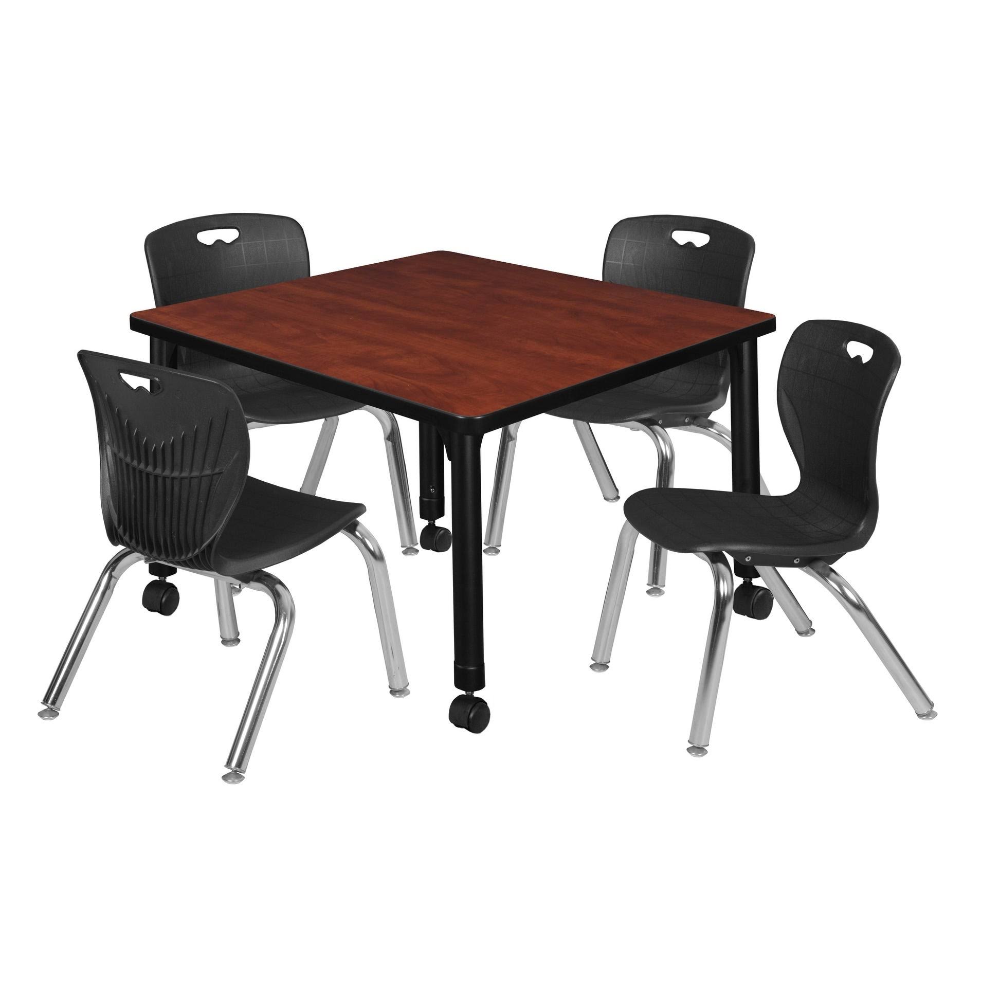Kee 30x22 Square Height Adjustable Mobile Classroom Table - Cherry u0026 4 Andy 12-in Stack Chairs- Black