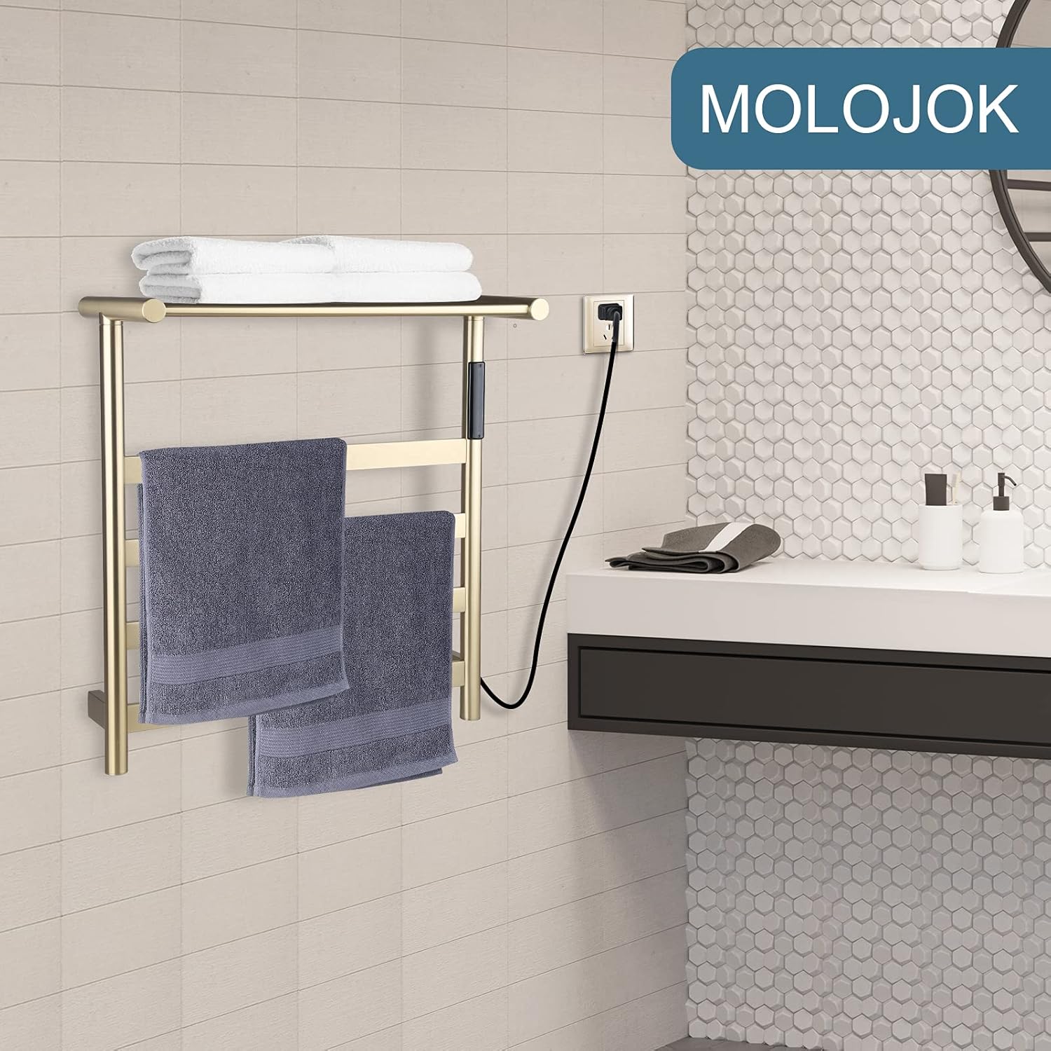 Towel Warmer Wall Mounted Electric Heated Towel Rack Touch Control Panel Towel Heater Timer &Temperature Control Towel Warmer Rack with Shelf 4 Bars Heated Towel Rack for Bathroom,Brushed Gold