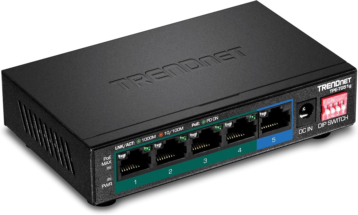 TRENDnet 5-Port Gigabit PoE+ Switch, Camera DIP Switch extends PoE+ 200m (656 ft.), 60W PoE Budget, Black, TPE-TG51g Pack of 2