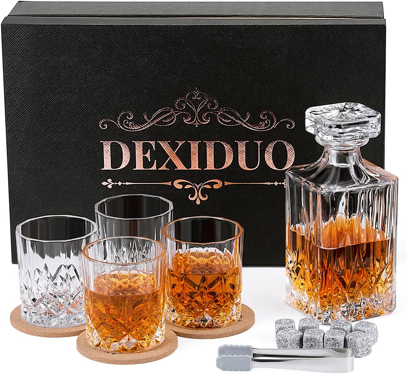 DEXIDUO Whiskey Decanter Glasses Set with Whiskey Stones, Old Fashioned Glass Bottles 10 Oz Rocks Glasses Barware for Bourbon, Scotch Whisky, Cocktails, Cognac - Personalized Gifts for Men (Style1) Pack of 2