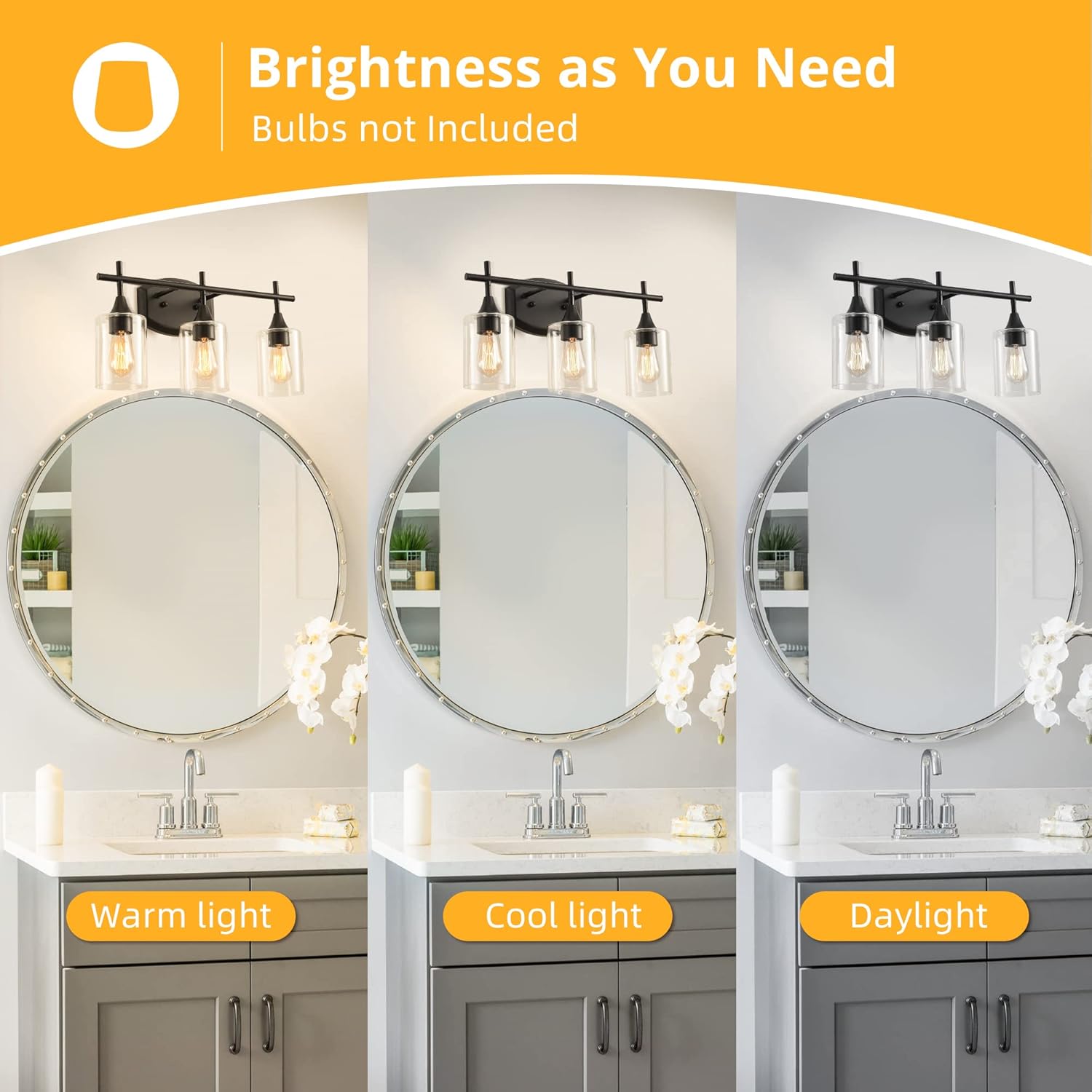 LEDIARY Bathroom Vanity Light, 3-Light Matte Black Bathroom Light Fixtures with Clear Glass Shades, Industrial Light Fixtures Over Mirror for Bedroom, Porch, Vanity Table - E26 Base